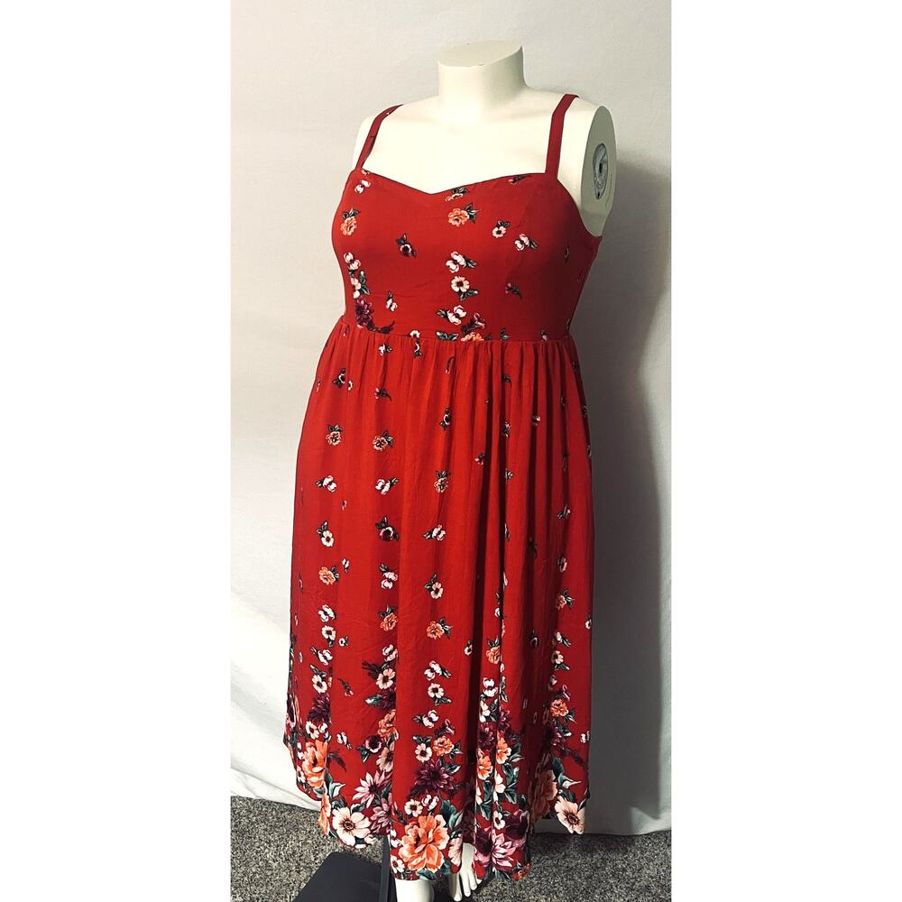 Torrid Red Floral Border Print Midi Sundress Womens 2 2X NWOT Pockets Smocked